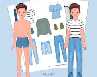 Paper doll printable with clothes. PDF. Digital download. Fashion boy. Cute doll DIY.  Dress up, cutout. Toy, game, play for children, kids.