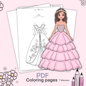 Bambola di carta stampabile con vestiti. Pagina da colorare, libro. Schema. Download digitale. Vestirsi, ritagliare. Principessa. Attività, gioco per bambini.
