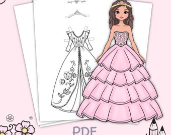 Paper doll printable with clothes. Coloring page, book. Outline. Digital download. Dress up, cutout. Princess. Activity, play for children.