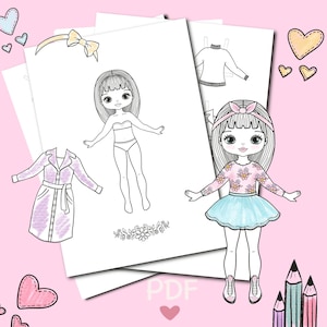 Bambola di carta stampabile con vestiti. Pagina da colorare, libro. Schema. Download digitale. Vestire, ritagliare. Giocattolo, gioco, attività, gioco per bambini.