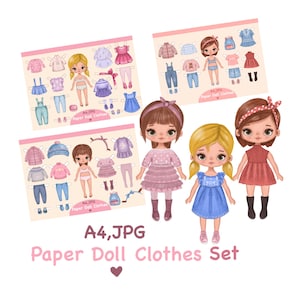 Papierpuppe mit Kleidung bedruckbar. Digitaler Download. Niedliches Babypuppen Set DIY.  Dress up, Ausschnitt. Spielzeug, Spiel, spielen für Kinderaktivitäten.