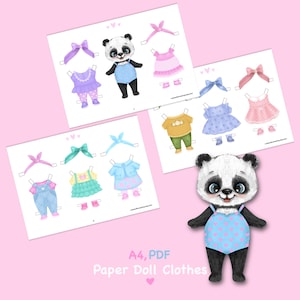 Boneca de papel para imprimir com roupas. Download digital. Urso de papel, animal. Boneca fofa DIY. Vestir, recortar. Brinquedo, jogo, brincadeira para crianças