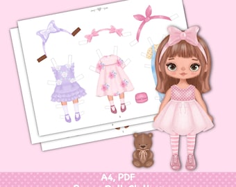 ヴィンテージスタイルの服付きペーパードール（印刷可能）。PDF。デジタルダウンロード。おしゃれな女の子。かわいい人形のDIY。着せ替え、切り抜き。女の子向けのおもちゃ、ゲーム。