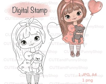 Digital stamp cute girl with balloon  for card making. Hand drawn line Art PNG. Whimsical printable Digi stamp Happy Birthday. Coloring page