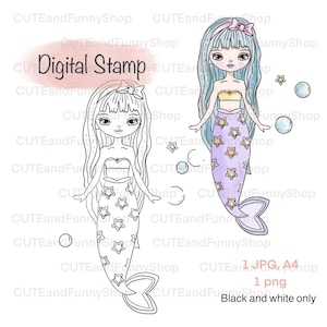 Sello digital para hacer tarjetas y scrapbooking. Sello digital con una linda sirena, niña, hada, princesa. Feliz cumpleaños, te amo. Página para colorear
