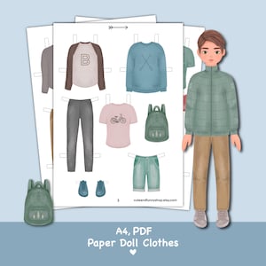 Paper doll printable with clothes. PDF. Digital download. Fashion boy. Cute doll DIY.  Dress up, cutout. Toy, game, play for children, kids.
