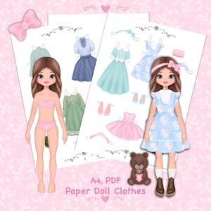 Boneca de papel para imprimir com roupas. PDF. Download digital. Garota fashion. Boneca fofa DIY. Vestir, recortar. Brinquedo, jogo, brincadeira para crianças.
