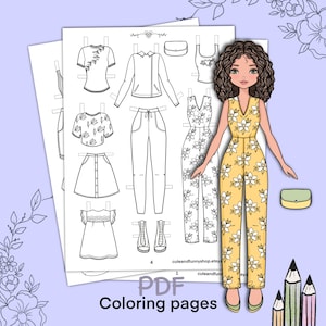 Poupée en papier à imprimer avec des vêtements. Coloriage, livre. Contour. Téléchargement numérique. Habillage, découpe. Jouet, jeu, activité, jeu pour enfants.