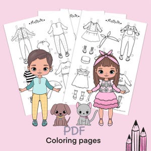 Bambola di carta stampabile con vestiti. Pagina da colorare, libro. Schema. Download digitale. Vestire, ritagliare. Giocattolo, gioco, attività, gioco per bambini.