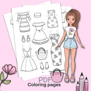Bambola di carta stampabile con vestiti. Pagina da colorare, libro. Schema. Download digitale. Vestire, ritagliare. Giocattolo, gioco, attività, gioco per bambini.
