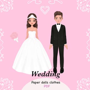 Bambole di carta per matrimonio. Bambola di carta stampabile con abiti. PDF. Download digitale. Sposa fashion. Bambola di carta per bambino e bambina. Vestiti, ritaglia.