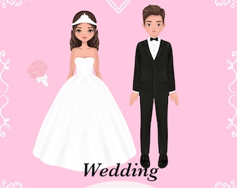 Wedding Paper Dolls with Clothes, Fashion Bride & Groom (PDF). Dress up, cutout.