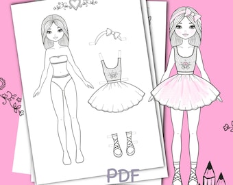 Paper doll printable with clothes. Coloring page, book. Outline. Digital download. Dress up, cutout. Toy, game,activity, play for children.