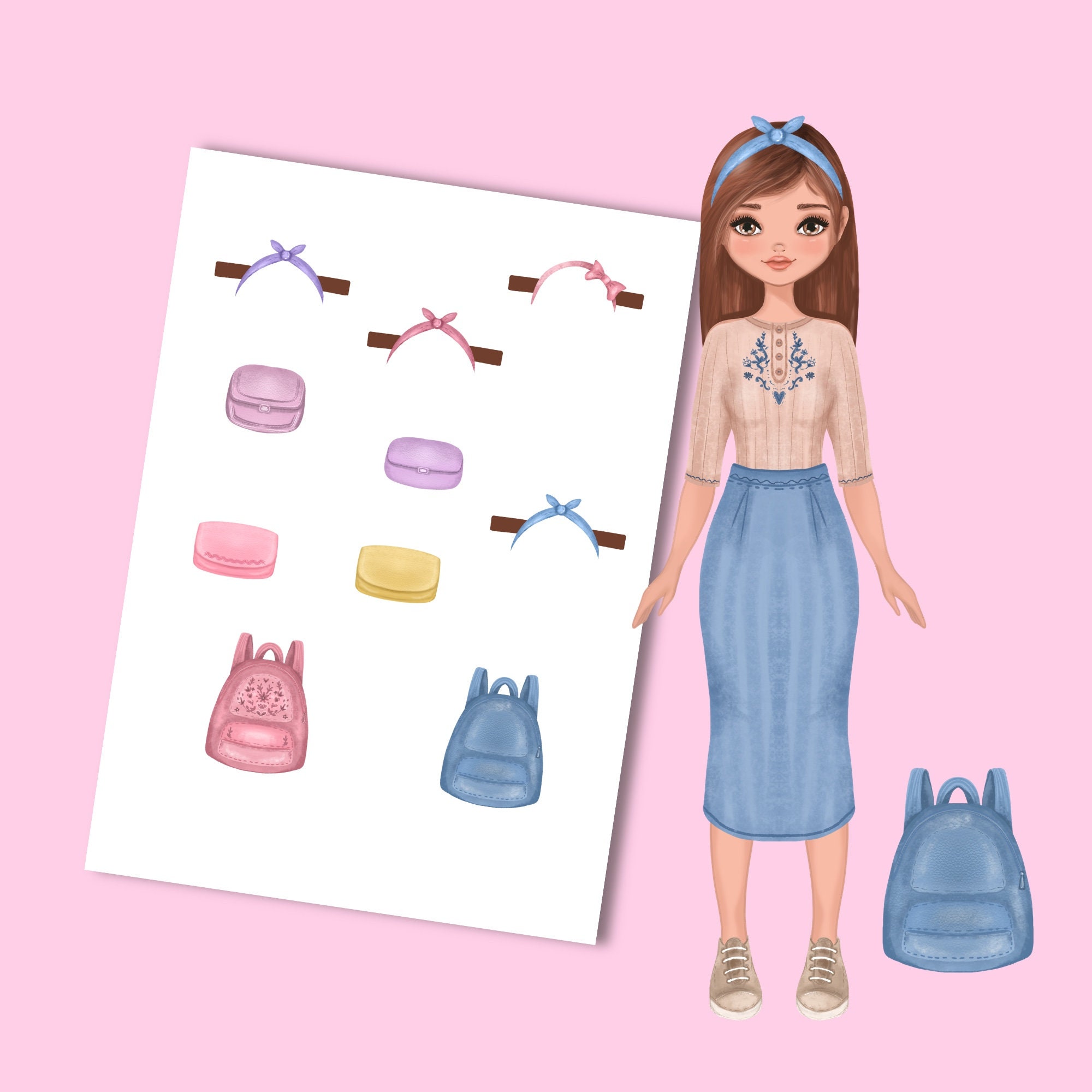 洋服付きで印刷できる紙人形。PDF。デジタルダウンロード。おしゃれな