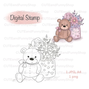 Digital stamp for card making, scrapbooking. Digital stamp cute teddy bear with flowers bouquet. Happy Birthday, I love you. Coloring page