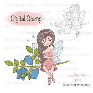 Carimbo digital para fazer cartões, scrapbooking. Carimbos digitais png. Fada fofa sentada com flores, borboleta. Princesa. Página para colorir.
