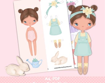 Paper doll printable with clothes. PDF. Digital download. Fashion baby girl. Cute doll DIY. Dress up, cutout. Toy, game, play for children