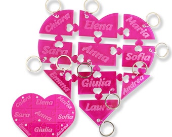 Personalized Keychain To Share - Heart Shape - 12 Acrylic Colors - From 2 To 12 Detachable Pieces - Gift Family Friend Couple