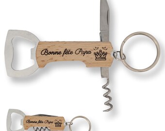 Personalized Wooden Bottle Opener Keychain - Laser Engraved | Multifunctional Bottle Opener with Knife and Corkscrew