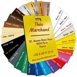 Può includere: Un'etichetta gialla con il nome "Théo Marchand" e informazioni di contatto, circondata da campioni di colore. I campioni mostrano varie combinazioni di colori come "Blanc / Bleu" e "Jaune / Rouge".