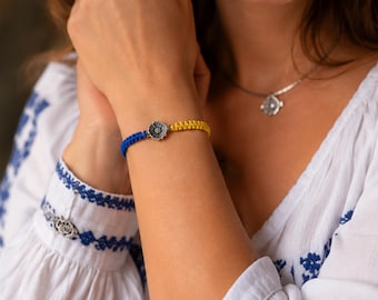 Blue Yellow Friendship Bracelet, Adjustable Macrame Bracelet, Handmade Flower Cord Bracelet, Boho Summer Jewelry, Gift for Her