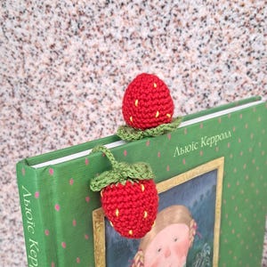 以下が含まれることがあります： 赤色の手編みイチゴのブックマーク。黄色い種と緑の葉が付いています。1つは外国語のテキストが書かれた緑色の本に置かれ、もう1つは本からぶら下がっています。
