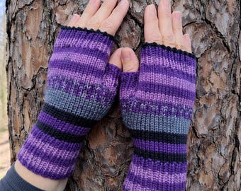 Purple Fingerless Gloves Knit Mittens Women Wool Hand Warmers Ombre Gray Violet Wrist Warmers Handmade Gift for Her Cozy Winter Accessories