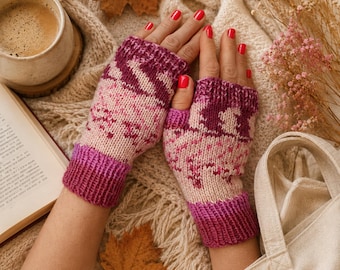 Raspberry white fingerless mittens Hand knit gloves Handmade autumn winter womens mitts Texting fingerless gloves Christmas gift for her