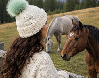 Cream Knit Beanie for Adults | Hand Knit Wool Blend Hat | Warm Neutral Winter Hat | Handmade Unisex Beanie | Cozy Ribbed Hat | Custom Color