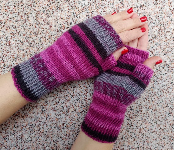 Woolen gloves Hand knitted magenta pink black fingerless mitts Hygge knits  Soft fingerless knit mittens Warm womens gloves Cozy arm warmers