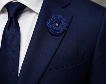 Men's Lapel Flower Navy Blue Crochet Brooch, 6 cm Handmade Boutonniere, Wedding Suit Accessory, Groomsmen Gift, Father's Day Gift