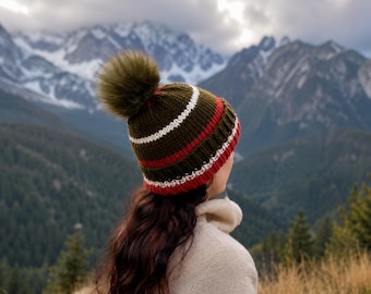 Olive Knit Pom Pom Beanie, Hand Knitted Wool Blend Hat, Warm Winter Beanie, Women's Ski Hat, Cozy Hiking Hat, Mountain Style Gift