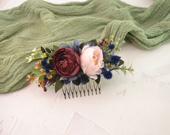 Peigne à fleurs en fleurs bordeaux Coiffe de chardon en fleurs Morceau de cheveux en fleurs pour mariée Peigne de mariage pour mariée Peigne à fleurs bleu marine