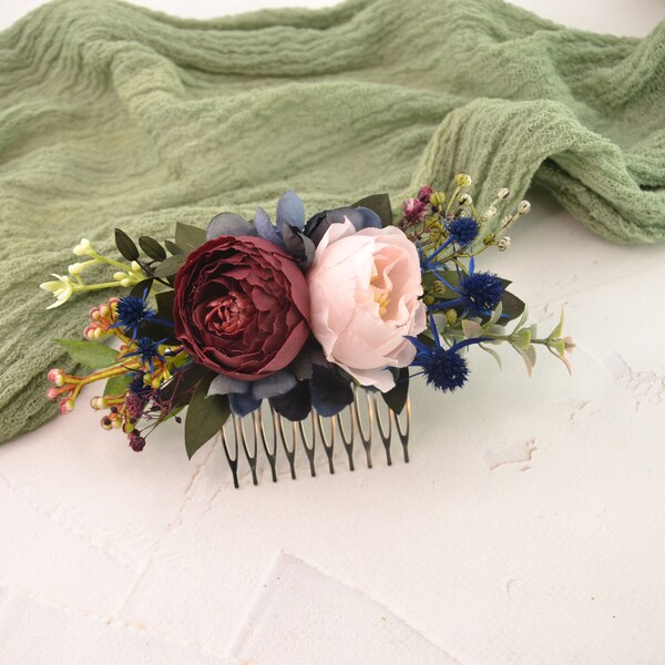 Flower hair comb burgundy Flower thistle headpiece Flower hair piece bridal Wedding comb bride Navy flowers comb