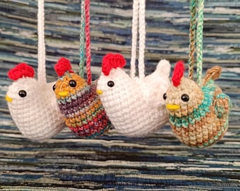 Chicken lover gift Rearview mirror accessories Cute car hanging Car mirror decor Bag charm ornament Crochet hen white Farmhouse Easter decor
