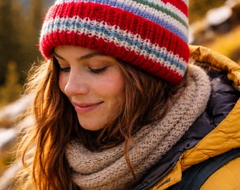 Gorro de lana a rayas de colores para adultos / Gorro de punto de mezcla de lana tejido a mano / Gorro rojo de invierno / Gorro de punto unisex acogedor / Gorro grueso de canalé cálido / Gorro grueso