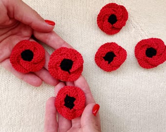 Flower pin brooch Red poppy badge Remembrance Armistice Day Crochet flowers brooch red Jumper Hat Bag Accessory Red flower