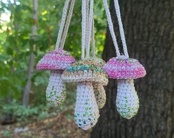 Handmade Crochet Mushroom Ornament with Beads | Pink Green Decoration | Hanging Holiday Decor | Set of Cute Crochet Mushrooms or Single
