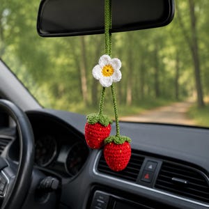 Crochet Strawberry Car Charm, Rear View Mirror Hanging Decor, Red Strawberry Car Accessory, Cottagecore Car Ornament, Handmade Gift for Her
