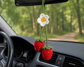 Crochet Strawberry Car Charm, Rear View Mirror Hanging Decor, Red Strawberry Car Accessory, Cottagecore Car Ornament, Handmade Gift for Her