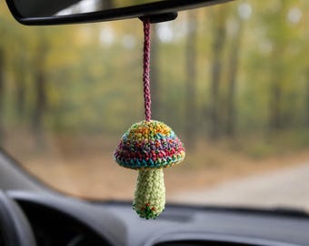 Mushroom Car Charm Crochet Rear View Mirror Accessory, Cottagecore Hanging Ornament Green , Beaded Mushroom Decor, Handmade Gift for Her