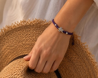 Sea Turtle Bracelet, Adjustable Friendship Bracelet, Purple Macrame Bracelet, Ocean Lover Gift, Beach Jewelry, Turtle Charm Bracelet