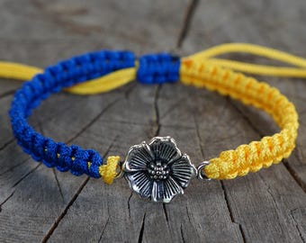 Ukraine Poppy Bracelet, Blue Yellow Macrame Bracelet, Symbol of Hope and Unity, Adjustable Cord Bracelet, Meaningful Gift, Support Jewelry