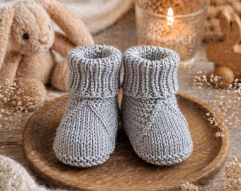Light gray baby booties with high cuff Hand knitted baby booties cream New baby gift Hand knit newborn booties Baby shower gift