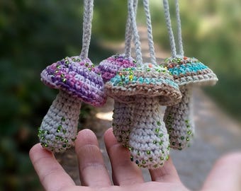 Handmade Crochet Mushroom Ornament with Beads | Pink Green Decoration | Woodland bag charm | Fairycore decor | Cottagecore gift
