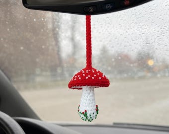 Crochet Mushroom Car Charm, Amanita Hanging Cottagecore Decor, Handmade Fly Agaric Gift, Rear View Mirror Accessory, Christmas Tree Ornament