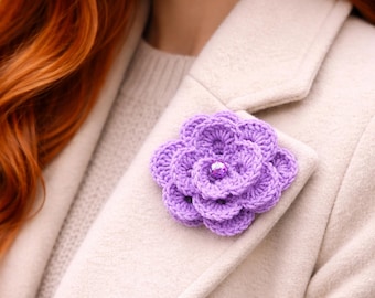 Handmade Crochet Flower Brooch Green Floral Pin Statement Accessory Knit Flower Jewelry Gift for Her Coat Sweater