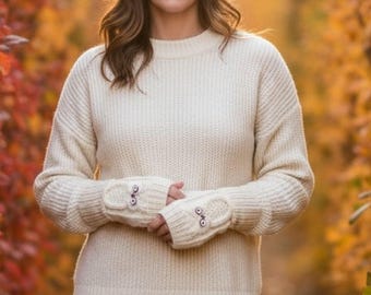 Hand knit ivory fingerless gloves for women | Warm owl cable mittens | Wool acrylic blend wrist warmers | Cozy winter gloves