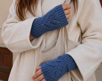 Hand Knit Wool Blend Fingerless Mittens | Women’s Warm Winter Gloves | Lace Knit Arm Warmers | Custom Color Texting Gloves