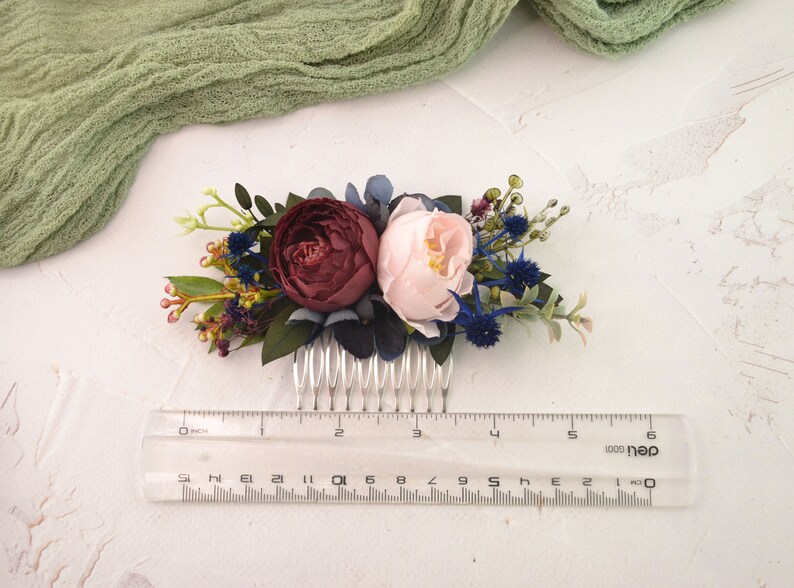 Flower hair comb burgundy Flower thistle headpiece Flower hair piece bridal Wedding comb bride Navy flowers comb image 5